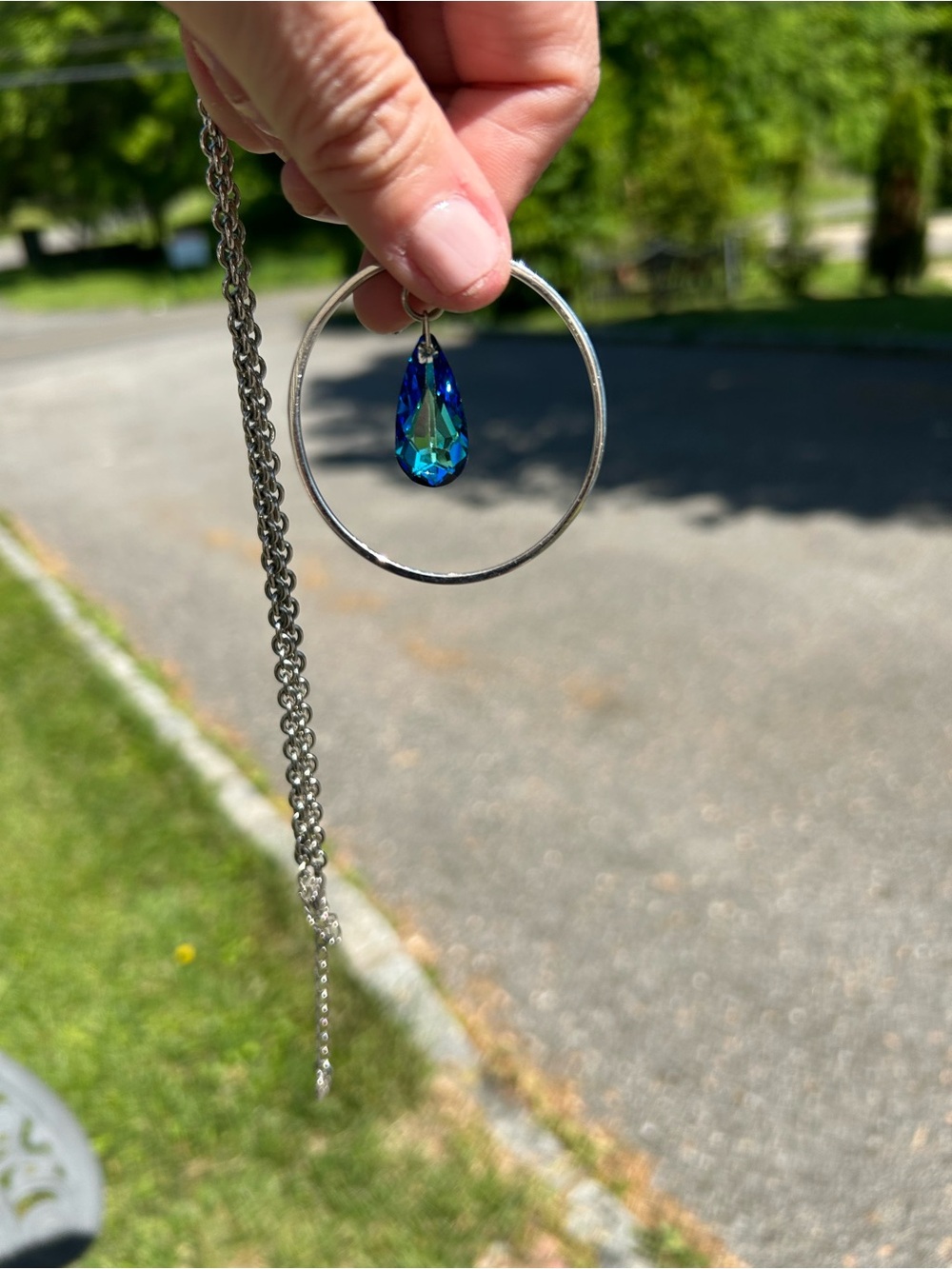 Swarovski Silver Hoop Necklace with Blue-Green Teardrop Crystal